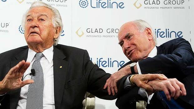 Bob Hawke and John Howard during a Lifeline fund-raiser at Sydney's Westin Hotel. Picture: James Brickwood