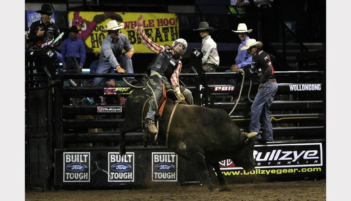 Kurt Shephard rides in the Professional Bull Riding competition at the WEC. Picture: SYLVIA LIBER 
