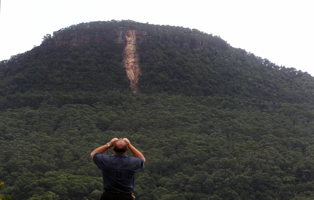 Mark Luchetti looks at what appears to be a fresh landslide on Mount Keira in February. Picture: KIRK GILMOUR