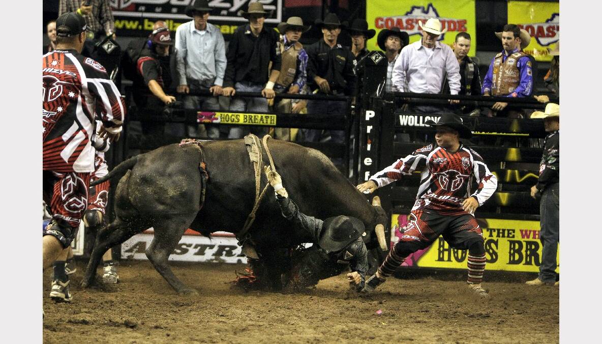 Ryan Dickens in the Professional Bull Riding competition at the WEC. Picture: SYLVIA LIBER 