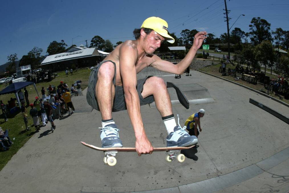 Skateboard rider Joe Engi shows his style in the skateboarding competition at the fifth annual SkAM youth festival at Shellharbour.