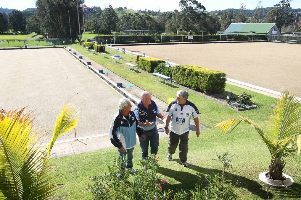 Glenn Moran (left), Warren Steel and Brian Moore discuss the challenges for Jamberoo Bowling Club's future. Picture: SYLVIA LIBER