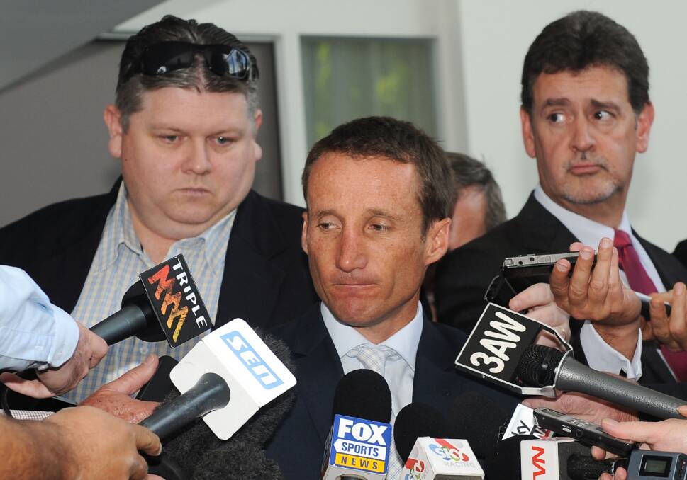 Oliver fronts the media after the stewards inquiry into alleged race betting. Picture: GETTY IMAGES