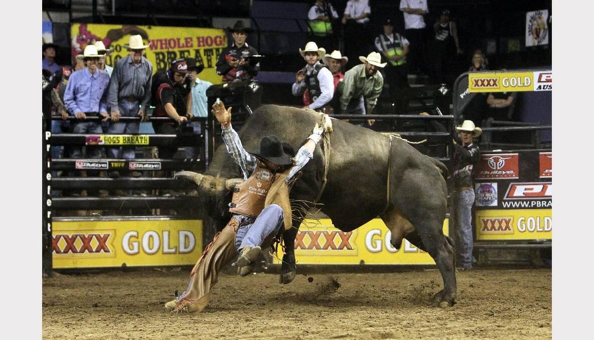 Jared Farley in the Professional Bull Riding competition at the WEC. Picture: SYLVIA LIBER 