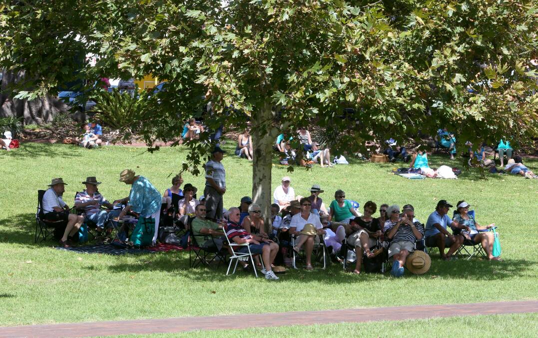 On March 10, crowds cluster in the shade of trees at Hindmarsh Park for the Kiama Jazz and Blues Festival. Picture: ROBERT PEET