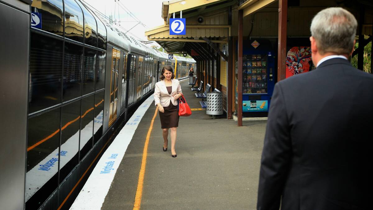 Barry O'Farrell and Transport Minister Gladys Berejiklian at Oatley station. Picture: WOLTER PEETERS