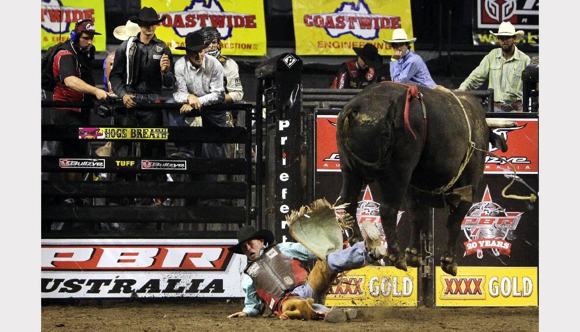 Mick Ford rides in the Professional Bull Riding competition at the WEC. Picture: SYLVIA LIBER 