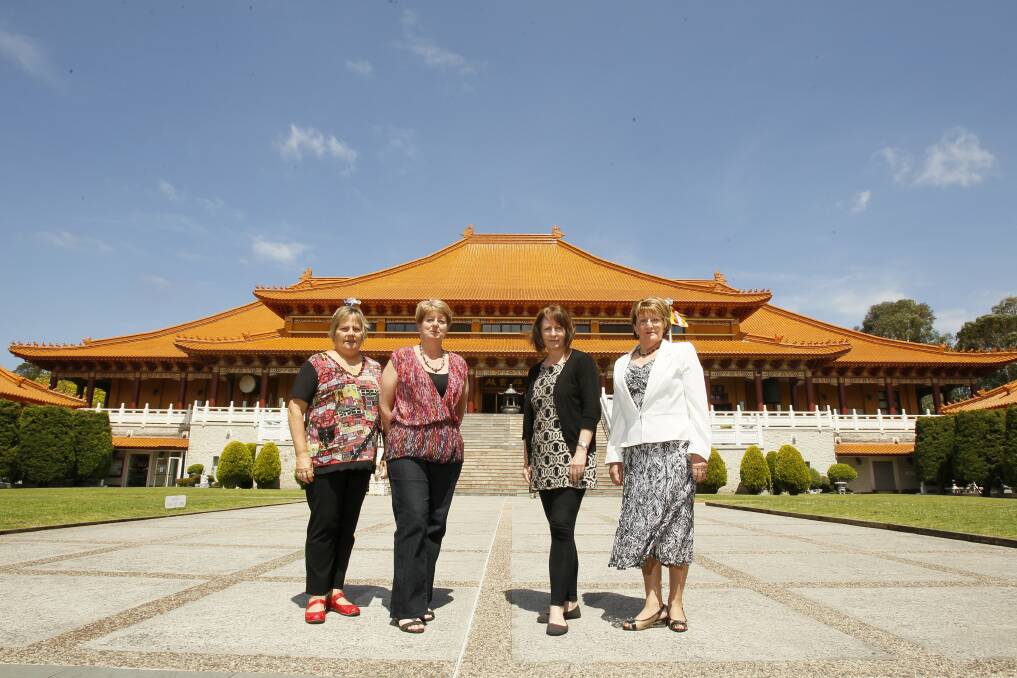 Teacher librarians Diane Ridley (Dapto High), Wendy Dawson (Mount Terry Public), Sharon McGuinness (Thirroul Public) and Julie Lake (Wonoona Public) at the Nan Tien Temple.