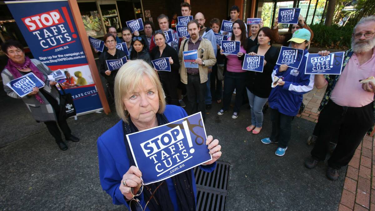  Former TAFE student and now Wollongong MP Noreen Hay addressed  students at a lunchtime rally against cuts to TAFE at the Wollongong campus yesterday. Picture: ROBERT PEET
