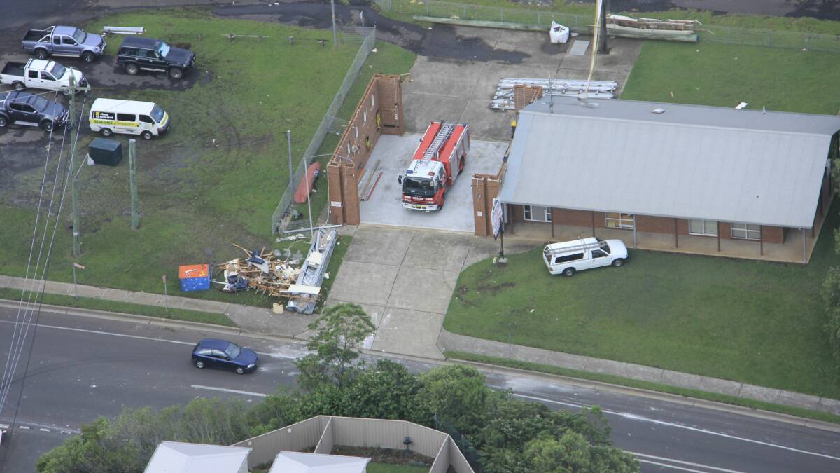 An aerial shot of the roofless Kiama Fire Station. Picture: COLIN DOUCH