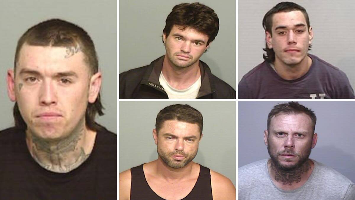 (clockwise from left) Nathan Laver, Matthew Oliver, Locklyn Lucas, Richard Dutton and Dean Leedham are on the run from Lake Illawarra police officers. Picture by NSW Police 