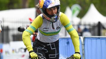 Australia's Saya Sakakibara has successfully defended her BMX racing World Cup title in Oklahoma. (Jono Searle/AAP PHOTOS)