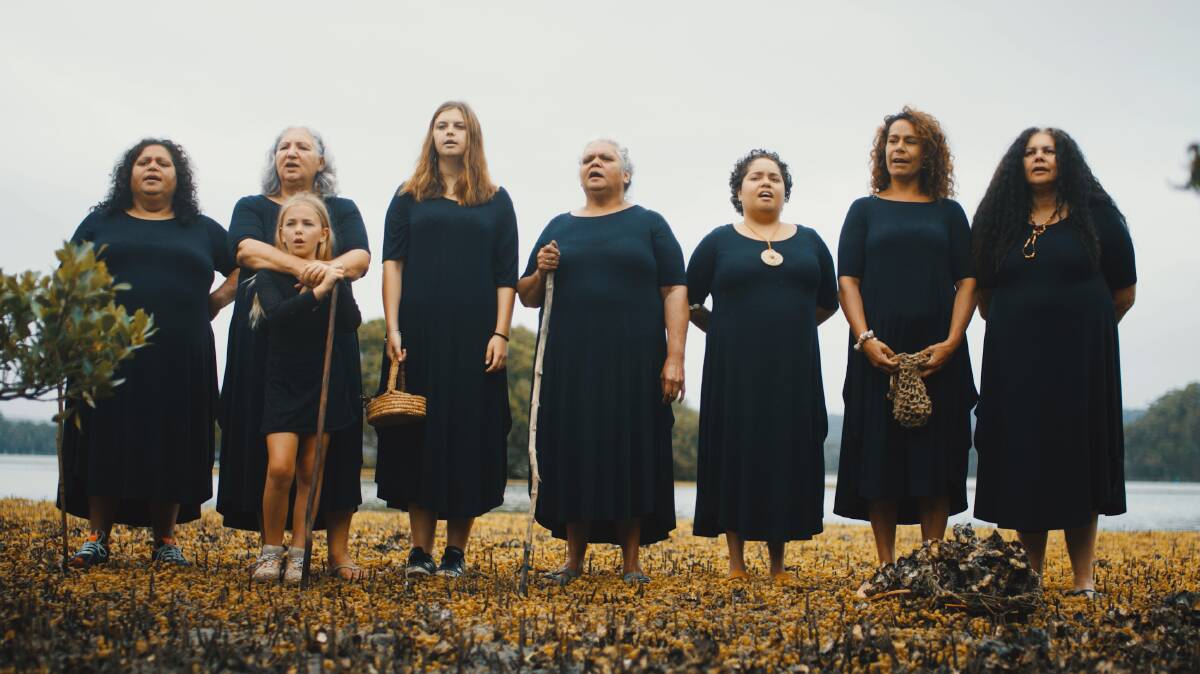  The Djinima Yilaga indigenous women's choir singing at Wagonga Inlet for the third film 'Our way' in the three part film called Bagan, Barra Barra, Mirriwarr - part of the Far South Coast Film Festival. Picture: Andrew Robinson 