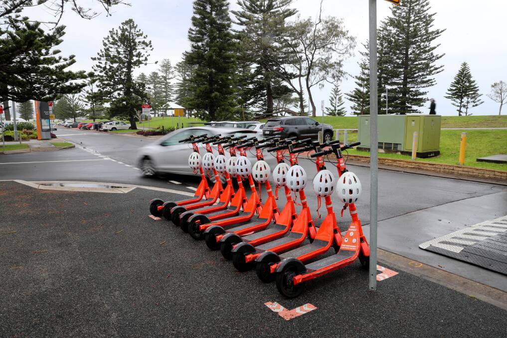 E-scooters near North Wollongong Beach. Picture by Sylvia Liber 