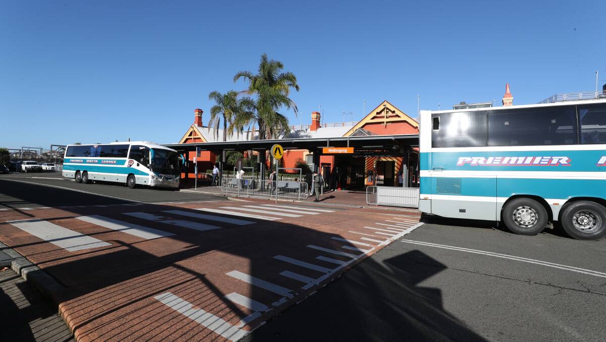 Rail replacement buses at Wollongong train station after one of the man days of cancellations in 2022. Picture by Robert Peet