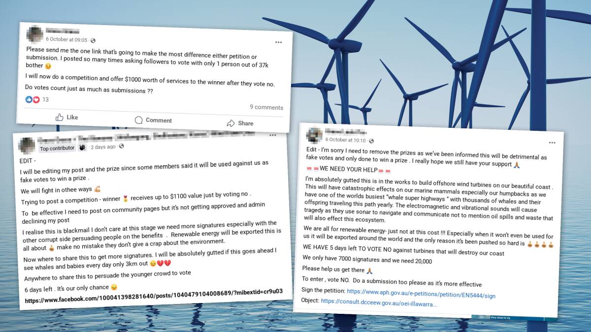 Facebook posts offering thousands of dollars in prizes for signatures on an anti-wind farm petition and submissions opposing the proposal.