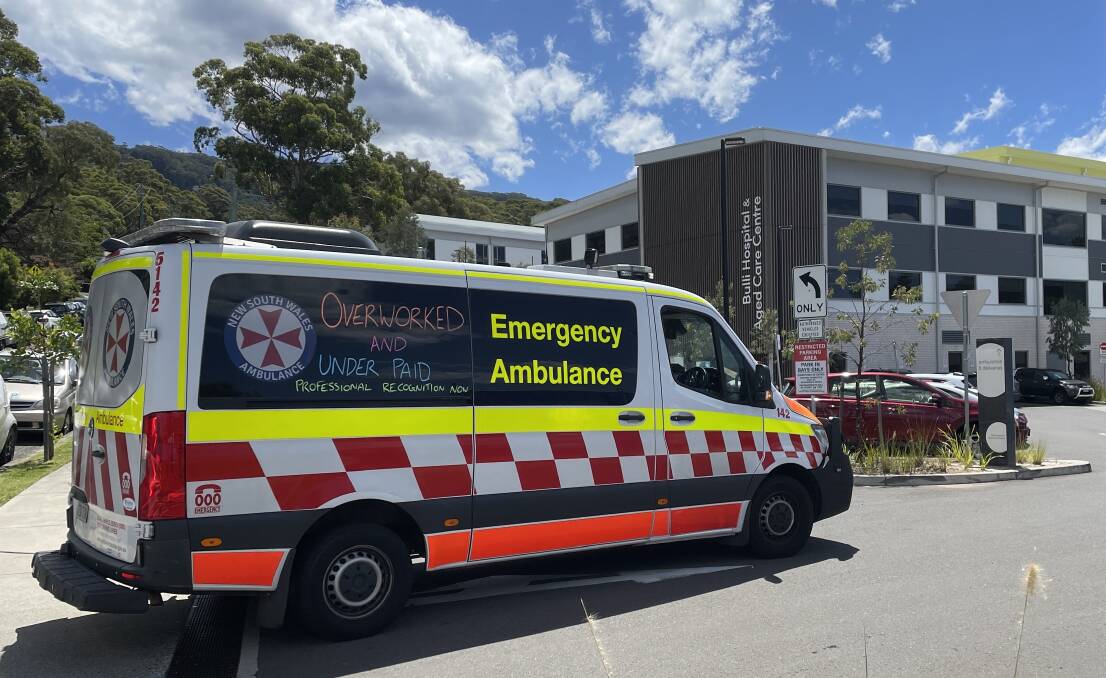 An ambulance arrives at Bulli Hospital as health minister Brad Hazzard visits the facility. Picture by Connor Pearce