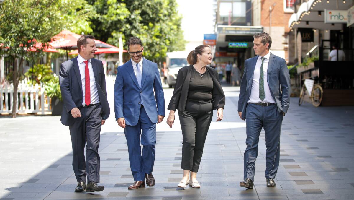 Paul Scully, hopeful treasurer Daniel Mookhey, Anna Watson and Ryan Park in Wollongong earlier this year. Picture by Adam McLean