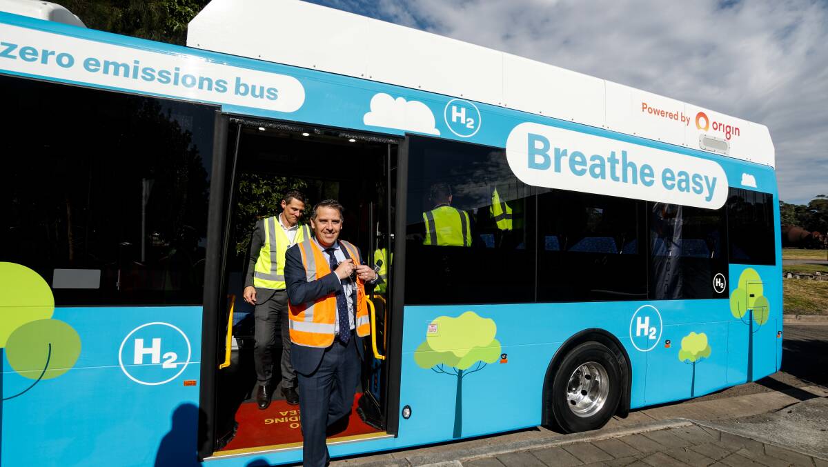 Minister for the Illawarra and South Coast Ryan Park steps off a hydrogen-powered bus in Port Kembla. Picture by Anna Warr
