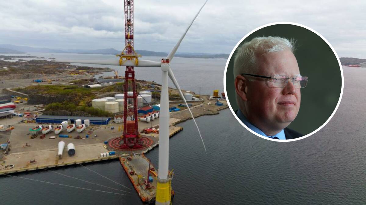 Kiama MP Gareth Ward (inset) has suggested a proposed offshore wind farm zone was changed to suit a potential wind farm developer. Insert picture by Sylvia Liber, background image supplied