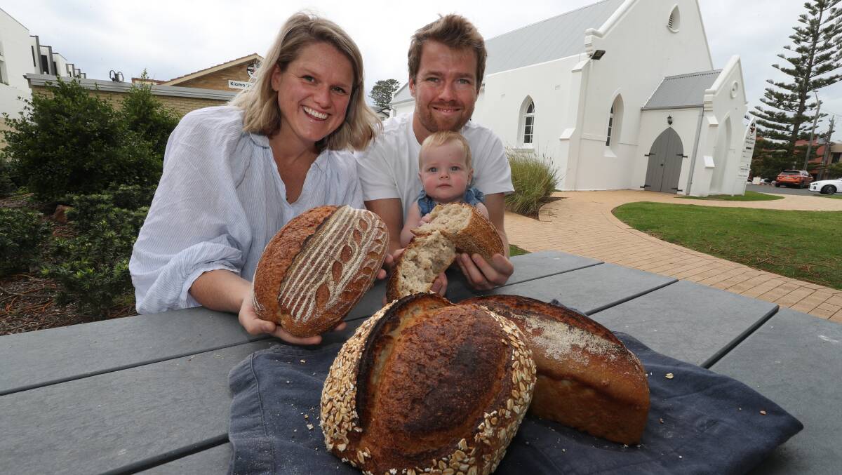 Richard and Lucy King with daughter Aria. The family are opening Slow Dough, a sourdough bakery in Uniting House, next to the Kiama Uniting Church. Picture by Robert Peet