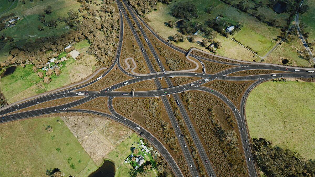 An aerial view of the Picton Road-Hume Motorway intersection, showing the proposed divergent diamond design of the Picton Road overpass.