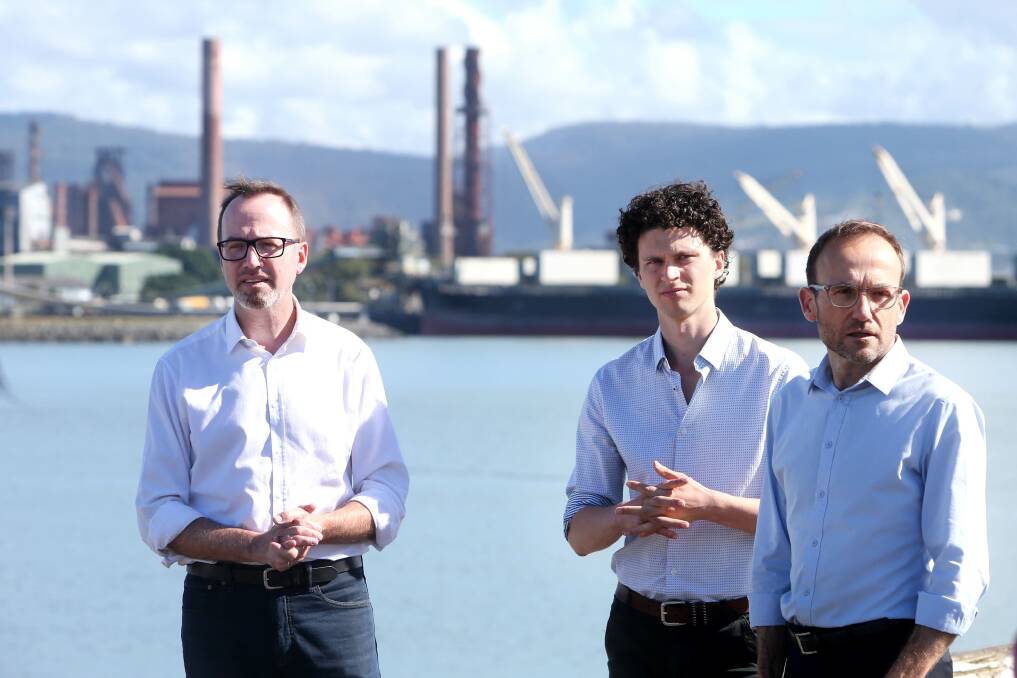 Green steel: Greens candidates David Shoebridge, Dylan Green and Adam Bandt announce their low-emissions steel policy in Port Kembla. Picture: Sylvia Liber
