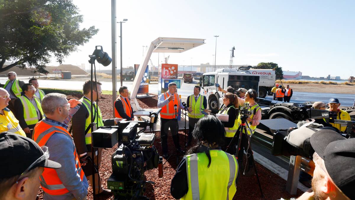 Alan Watkins of Coregas and MPs Ryan Park and Paul Scully speak to media at the launch of the hydrogen refuelling station. Picture by Anna Warr