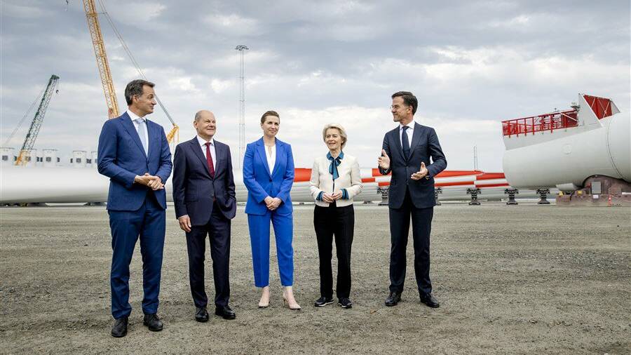 Signatories to the Esbjerg declaration, from left, Alexander de Croo, prime minister of Belgium, Olaf Scholz, chancellor of Germany, Mette Frederiksen, prime minister of Denmark, European Commission president Ursula von der Leyen and Dutch prime minister Mark Rutte. Picture supplied/State of Green