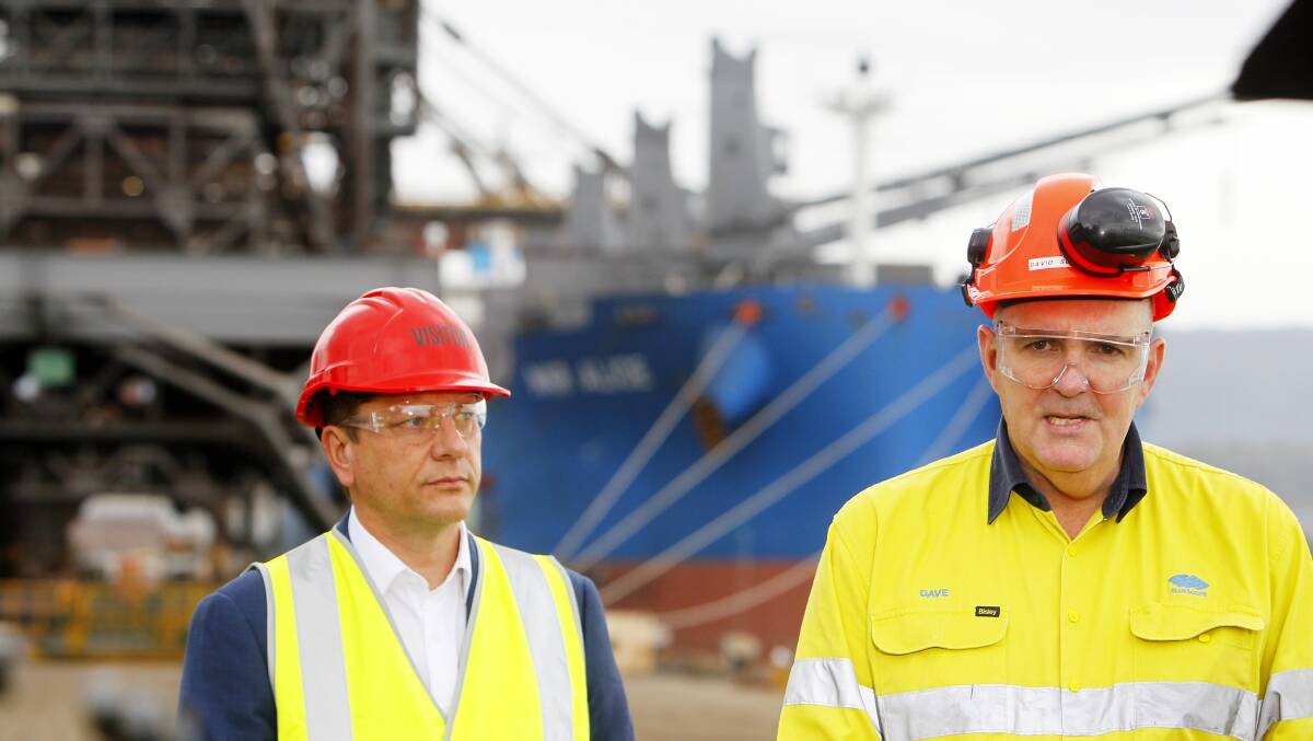 Planning minister and member for Wollongong Paul Scully and BlueScope's Dave Scott at the site of the berth upgrade. Picture by Sylvia Liber