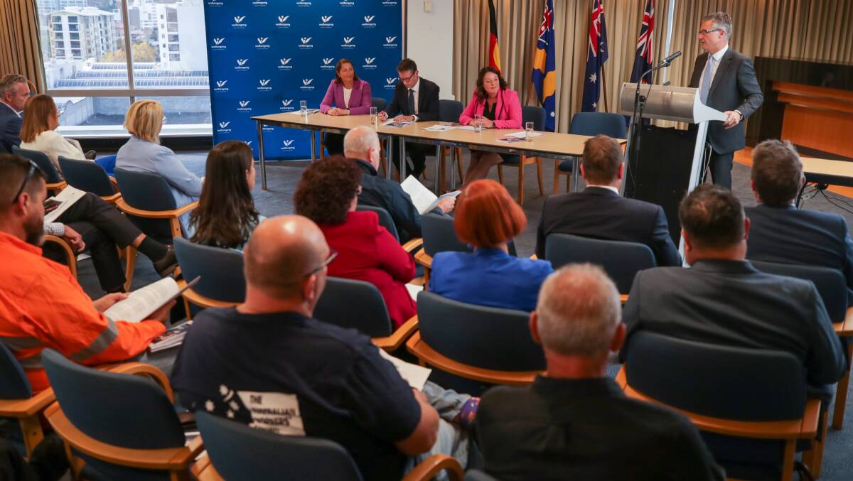 Assistant Defence Minister Matt Thistlethwaite speaks to a room of Illawarra leaders for a briefing on defence plans last week. Picture by Adam McLean