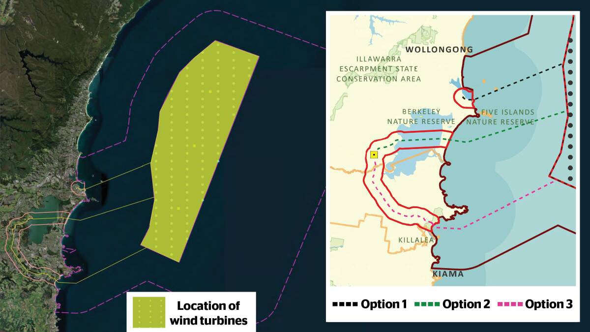 Documents submitted as part of the environmental approvals process show three options for how the cables would connect the wind farm to the grid.