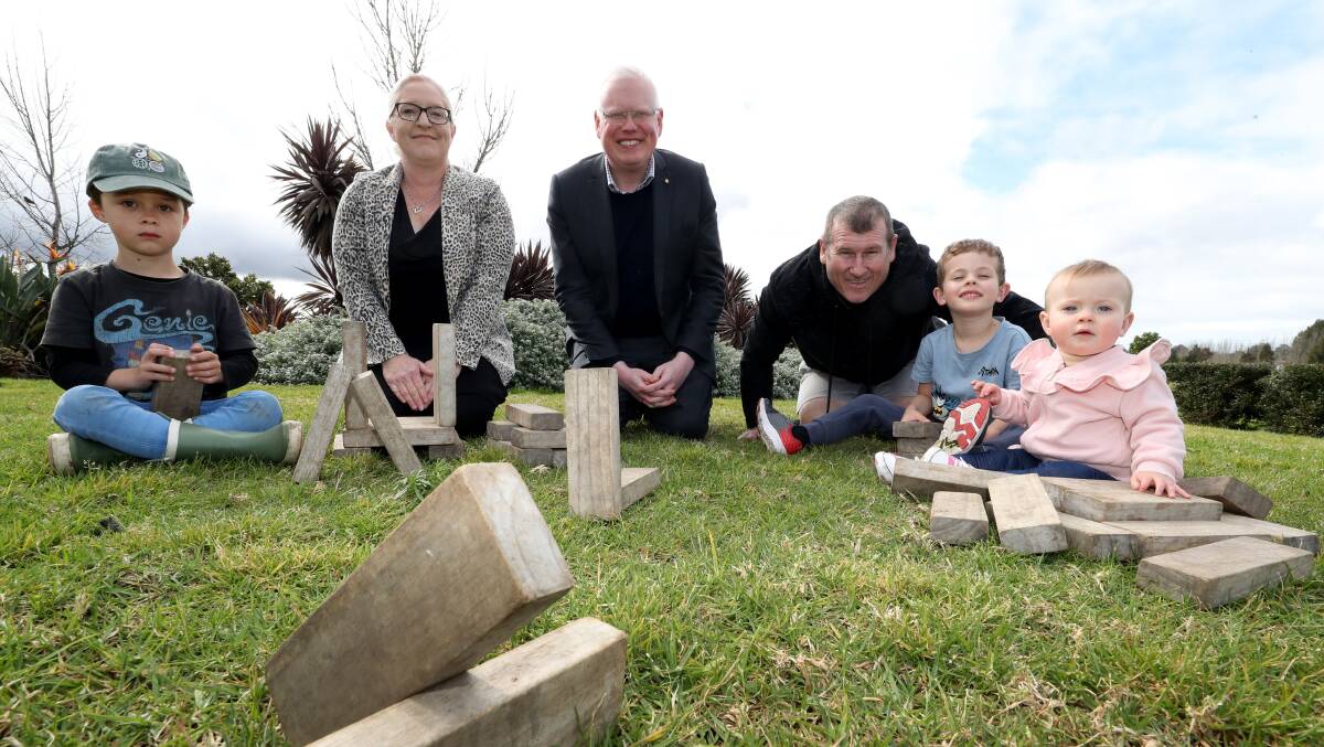 Time to build: Gareth Ward (centre) with Kelli Marsh, Luke Mayberry and, from left, Sonny Doherty, Levi Mayberry and Allara Mayberry. Picture: Robert Peet