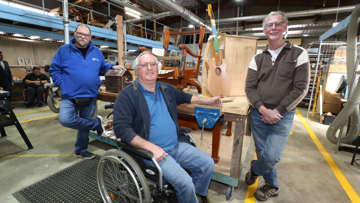 Men's Shed: Tony Ashton (centre) with Southern Illawarra Men's Shed members Gordon Lingard and Terry Coleman. Picture: Robert Peet