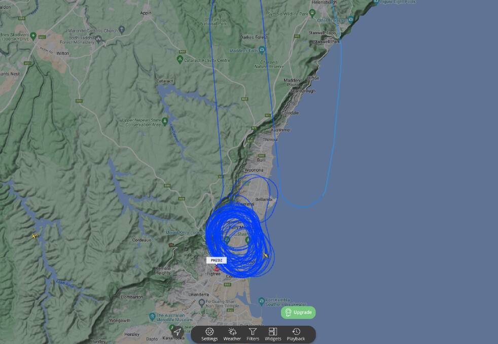 The flight path of the aircraft providing aerial coverage of Wollongong 2022 on Wednesday. Picture from FlightRadar