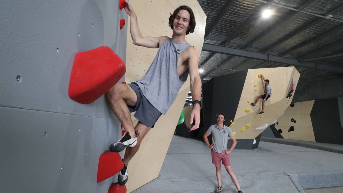 Jayden Shepherd, Luke Magill (owner/director) and Nick Montague at the Dynomite bouldering gym in Albion Park Rail. Picture by Robert Peet