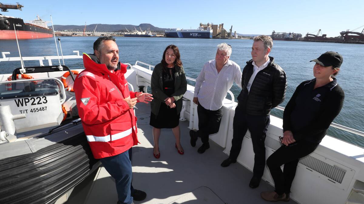 Peter Ernst (left), regional ports director for the Port Authority of NSW, highlights recent work at Port Kembla to (L-R) Alison Byrnes MP, South Coast Labour Council secretary Arthur Rorris, Business Illawarra executive director Adam Zarth and UOW associate professor Michelle Voyer. Picture by Robert Peet