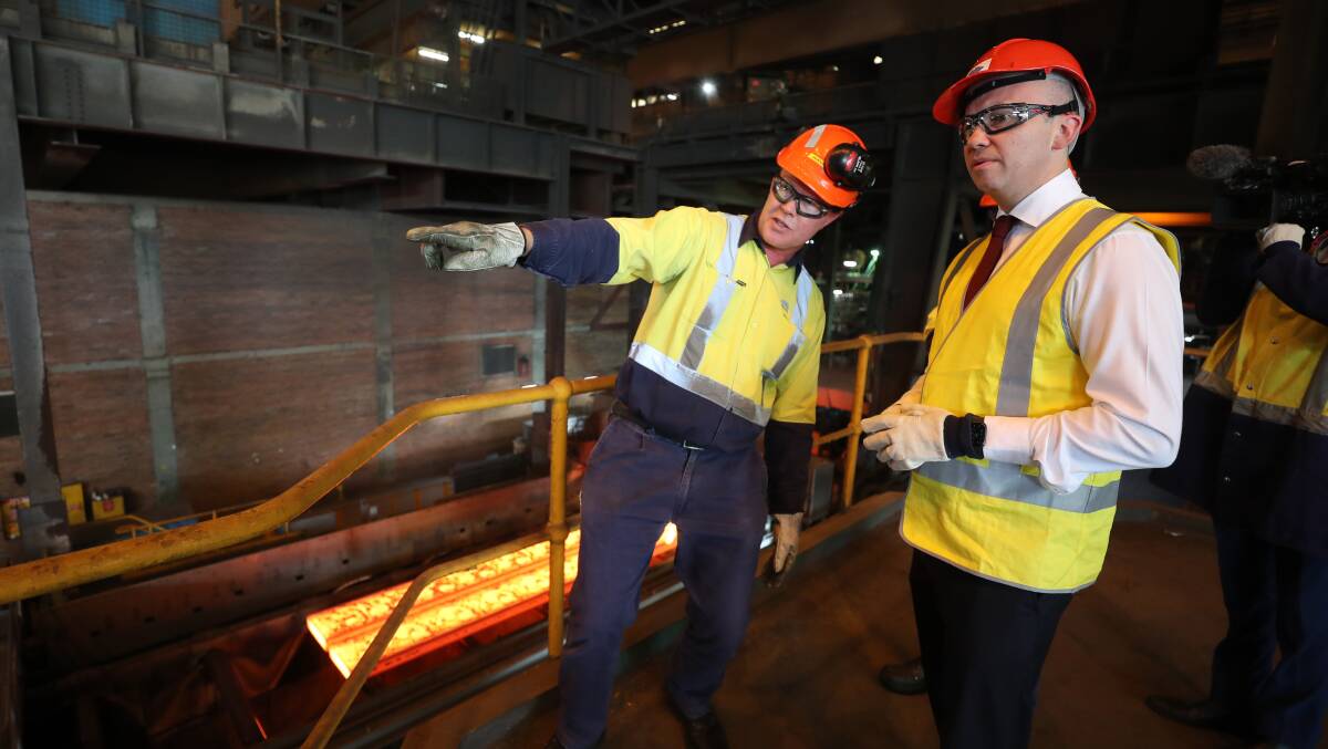 NSW Treasurer and energy minister Matt Kean visits BlueScope in 2020. Picture from file