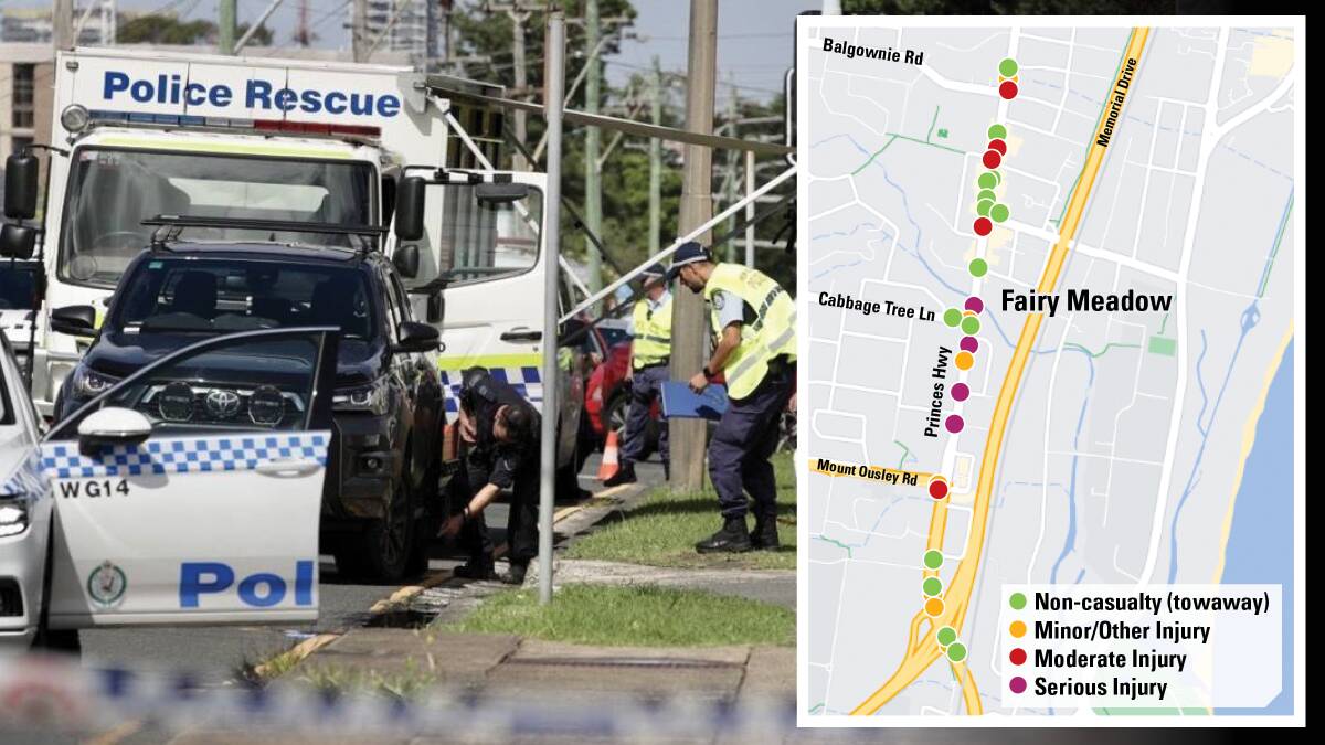 The most serious crashes are in a cluster between Mount Ousley Road and Cabbage Tree Creek. Picture by Adam McLean/Graphic by ACM