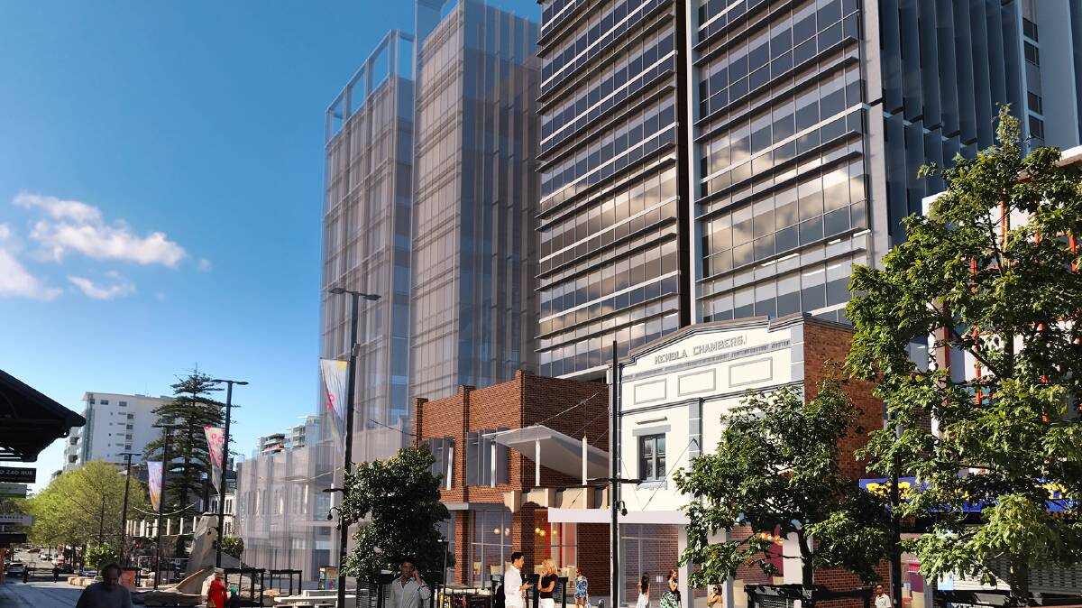 Kembla Chambers, pictured with Lang's Corner in the background, will comprise a 12 storey commercial office tower with ground floor shopfronts. Picture supplied/Quadcorp