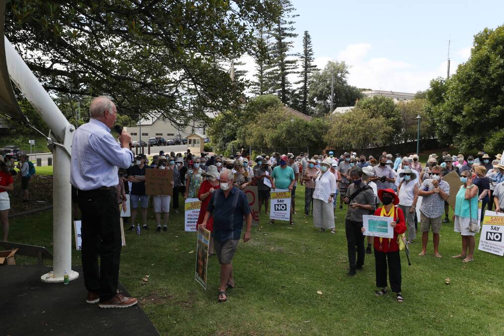 Washed away: Mark Greaves (left) addresses a rally against the proposed Kiama South development in January. Picture: Robert Peet