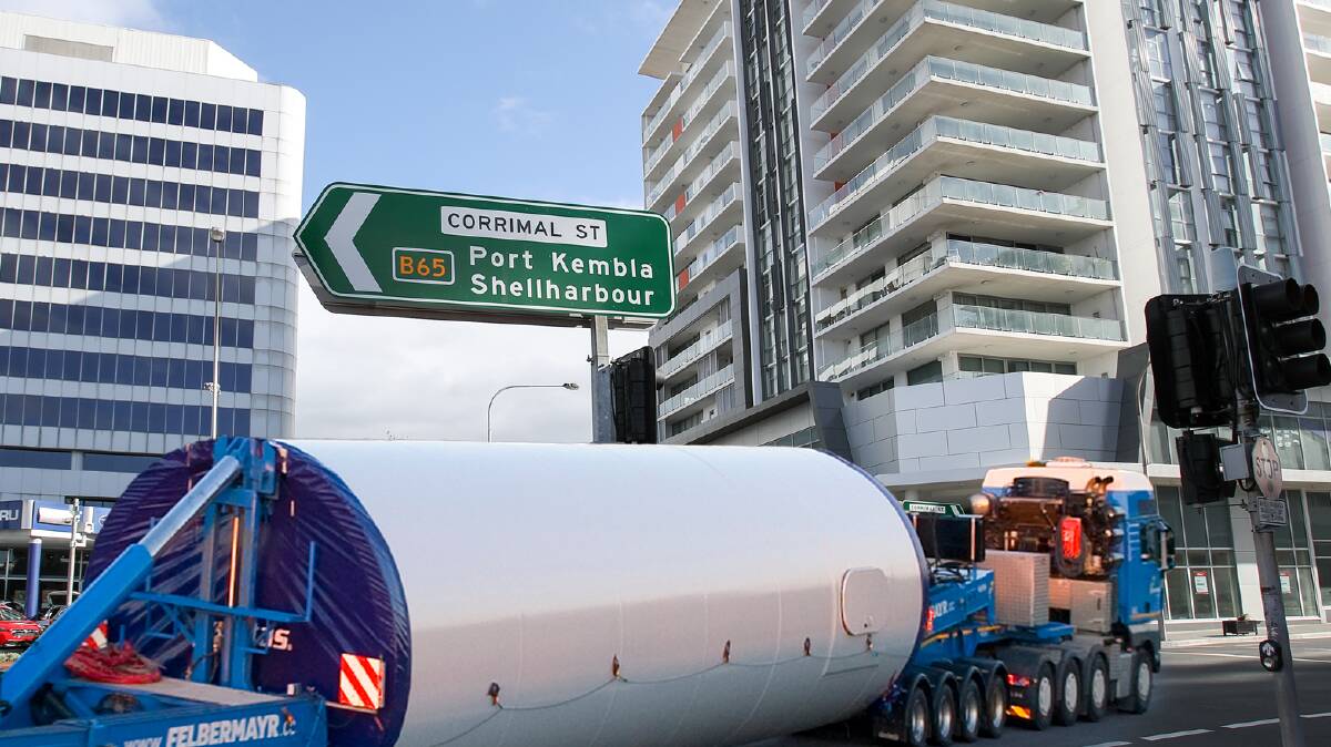 The increasing diameter of wind turbine towers will mean they will not be able to pass underneath bridges over the M1, forcing trucks onto Corrimal Street. Picture digitally altered by ACM