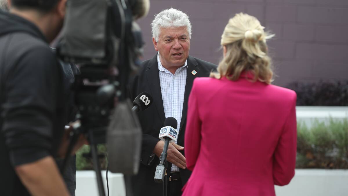 Arthur Rorris speaks to media in opposition to a submarine base in Port Kembla. Picture by Robert Peet