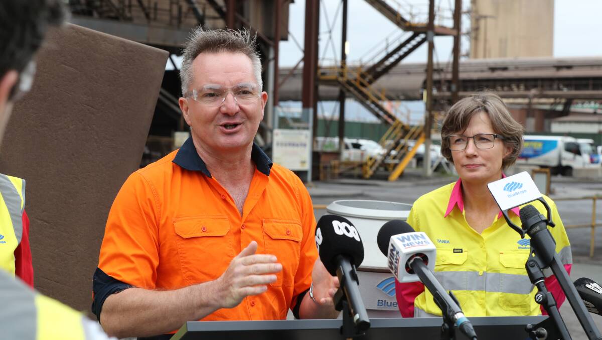 Climate change and energy minister Chris Bowen with BlueScope's Tania Archibald at the Port Kembla steelworks. Picture by Robert Peet
