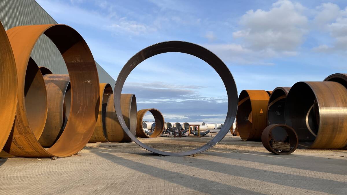 Wind turbine segments waiting to be finished at Danish steel manufacturer Welcon. Picture by Connor Pearce