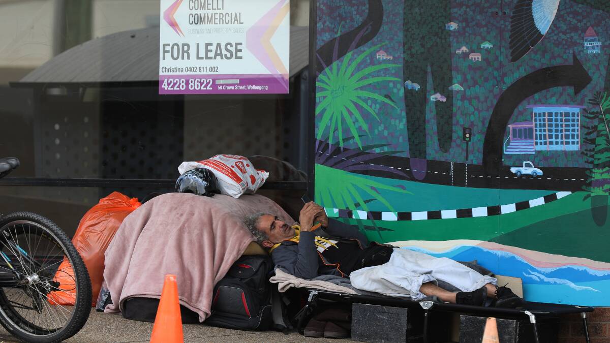 Street sleeping: A man sleeps rough in Thirroul in 2020.