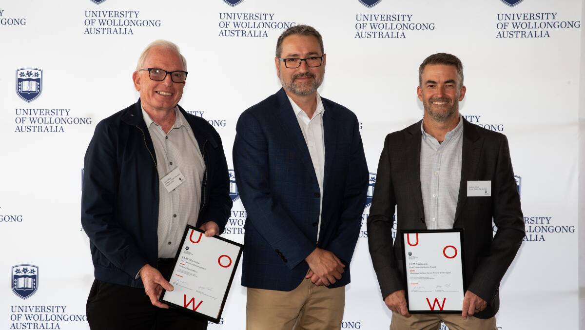 From left, Professor David Officer, Dr Paul Di Pietro, UOW Dean of Research Knowledge Exchange and Translation and Sicona Battery Technologies CFO Andrew Minett. Picture by Anna Warr