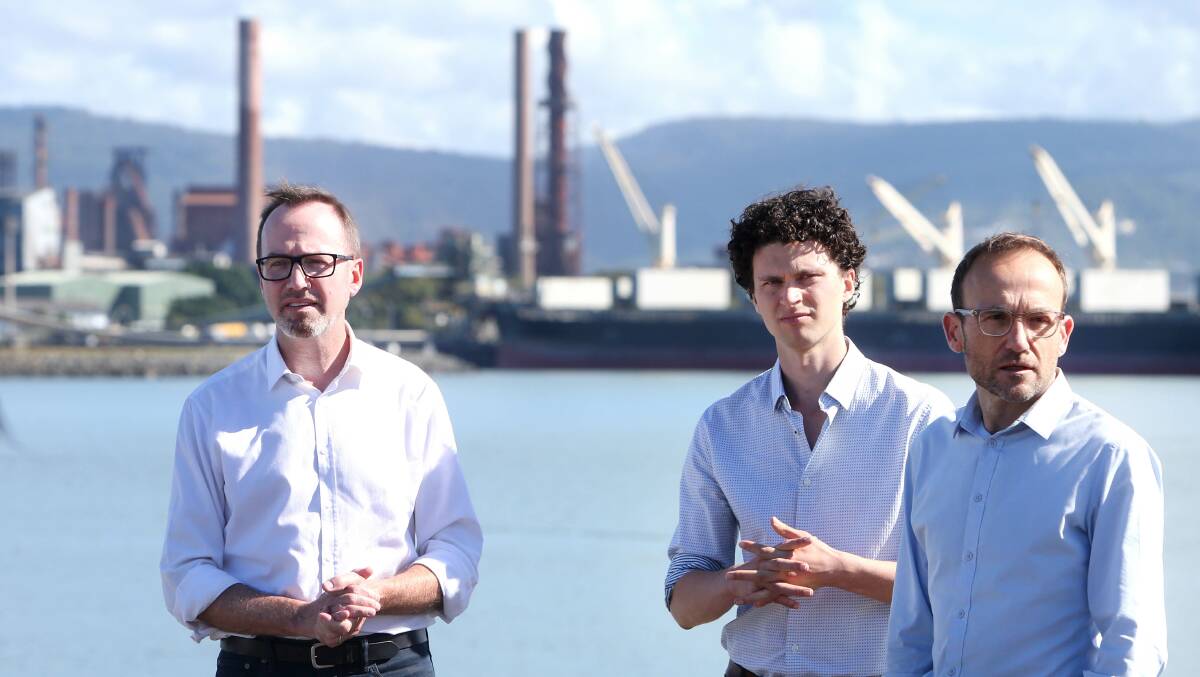 David Shoebridge (left) with Cunningham Greens candidate dylan Green and Greens leader Adam Bandt at Port Kembla in the lead up to the 2022 federal election. Picture by Sylvia Liber
