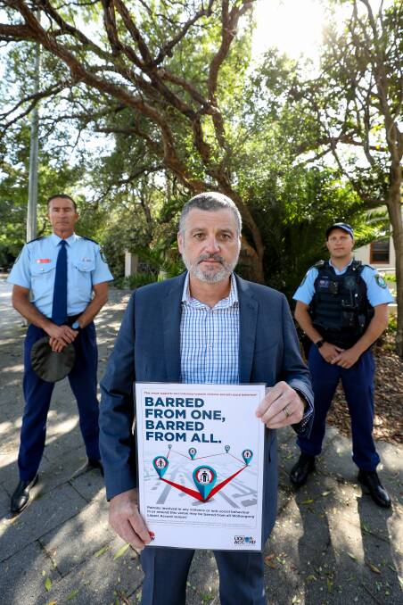Blanket ban: L-R acting superintendant Brad Ainsworth, Steve Newell chair of Wollongong liquor accord and licensing team leader Sergent Wade Jacob said the new scheme aims to prevent violence. Picture: Adam McLean