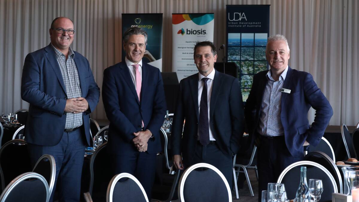 Missing links: L-R Steve Mann UDIA NSW CEO, Simon Kersten Colliers Wollongong, Keira MP Ryan Park and Stephen McMahon President UDIA NSW. Picture: Robert Peet